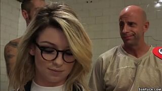 Sexy blonde journalist Aspen Ora took by group of football players and got double penetration fucked by their big dicks in locker room