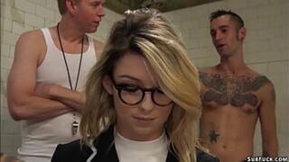 Hot blonde journalist Aspen Ora is dominated and a dirty locker room by group of football players and anal gang bang and double penetration fucked by their big dicks