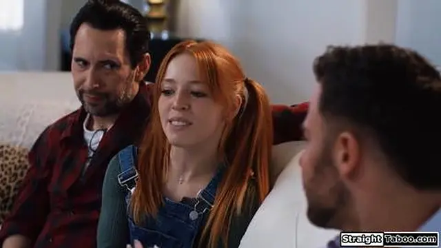 Social worker knows whats going on between hunk and girlfriend He wants a piece and the small tits redhead is anal fucked while sucking stepdaddy