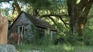 Journalist Chanel Preston investigates ritual in woods of blonde slave Iris Rose and then gets caught and anal fucked in rope bondage by John Strong