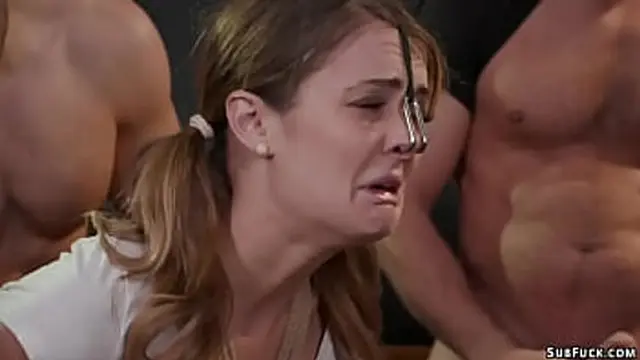 Little brunette student Zoe Sparx gets bound and fucked in classroom by professor &mdash;  then double penetrated