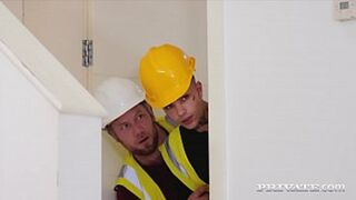 Slurping dual cocks, ravishing two repairmen's dicks, cum-covered faces ensue